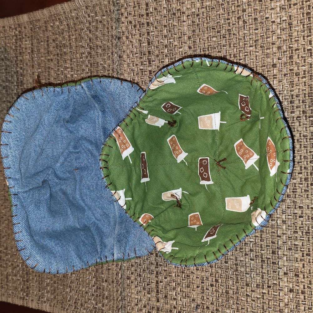 Iced Coffee On Green Print 2 Cozies Upcycled Blue Denim Jeans Hand Crafted LG